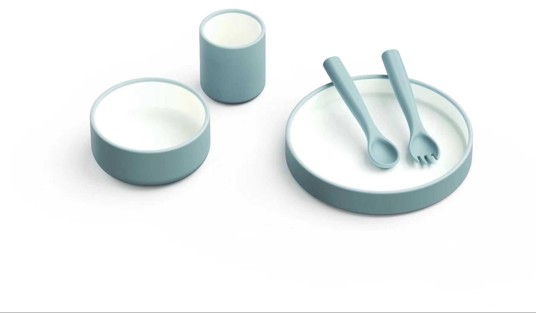trường hợp công ty mới nhất về Bộ đồ ăn cho em bé bằng silicone hai màu bao gồm dao kéo và cốc đựng bát đĩa bằng silicon