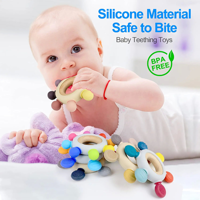 BPA Miễn phí 8 hướng Đồ chơi khi mọc răng với vòng gỗ làm dịu nướu cho trẻ sơ sinh