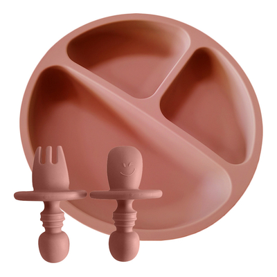 Trẻ mới biết đi không trượt Tấm silicone chia đôi Đĩa ăn bằng silicone không chứa BPA kèm thìa